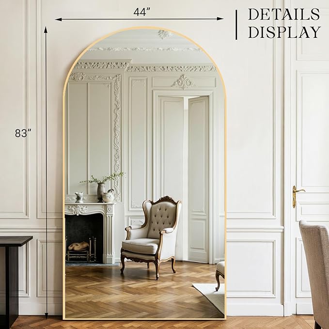 MISSDAY Oversized Arched Full Length Mirror, 83"x44" Gold Full Body Mirror with Stand, Floor Mirror Large Free Standing, Leaning or Hanging, Aluminum Frame Mounted Mirrors Wall Mirrors for Bedroom