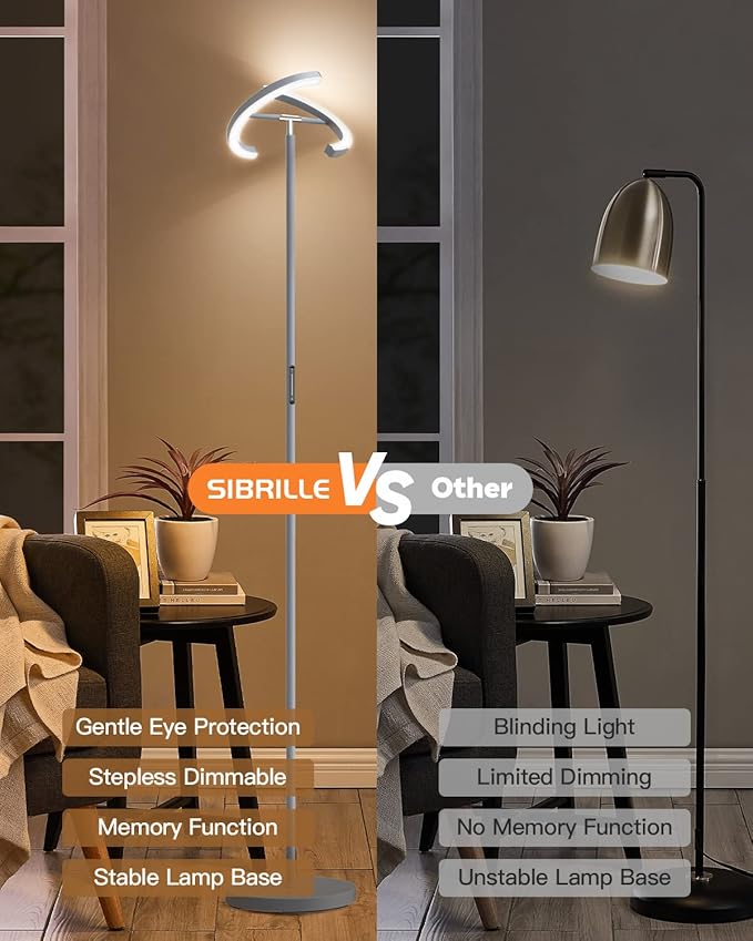 Silver Floor Lamps for Living Room, Stepless Dimmable Standing Lamp with Touch Remote Control, 22W Rotatable LED Floor Light Tall Uplighter for Bedroom Office, 69'' Modern Room Light