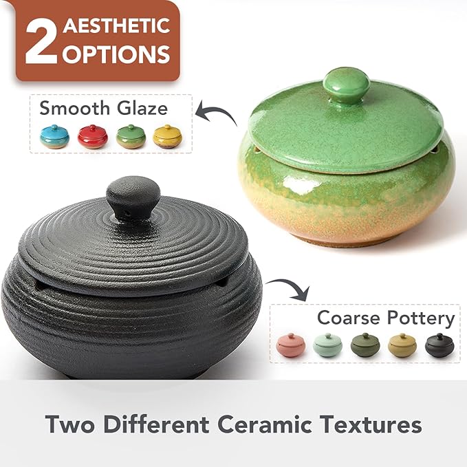 Ashtray with Lid for Outside Patio, Windproof Ash tray, Ceramic Smokeless Ashtray for Outdoor Home Office Tabletop Patio Outdoor Balcony, Green