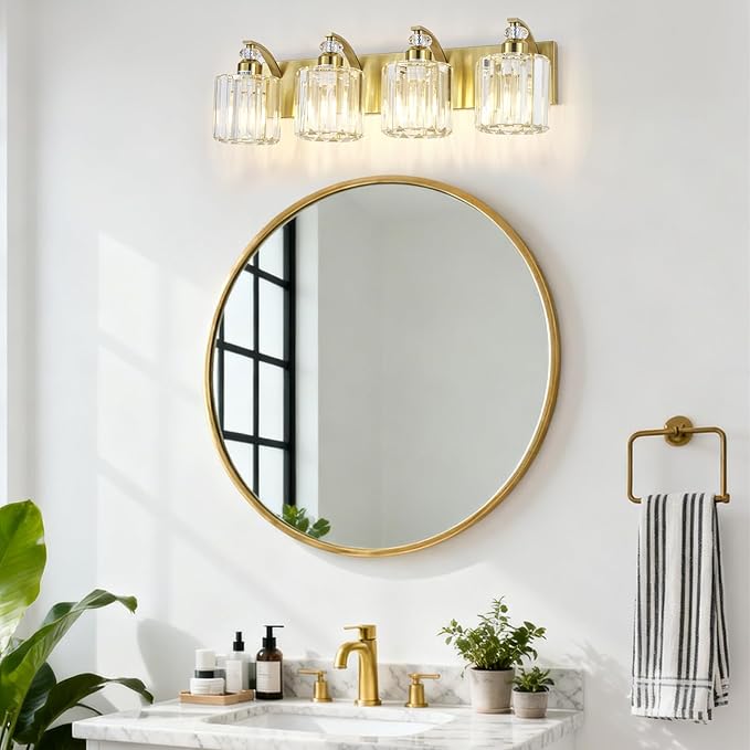 4-Lights Brushed Brass Bathroom Light Fixture Gold Vanity Lights Modern Crystal Bathroom Vanity Lighting Over Mirror Wall Sconce with K9 Crystal Shade E26 Base for Living Room, Bedroom Wall Lamp