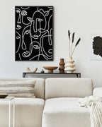 Abstract Face Pattern Wall Art Black Background White Continuous Line Drawing 24x36 Inch Oak Wood Black Framed Modern Diverse Portrait for Living Room Decor