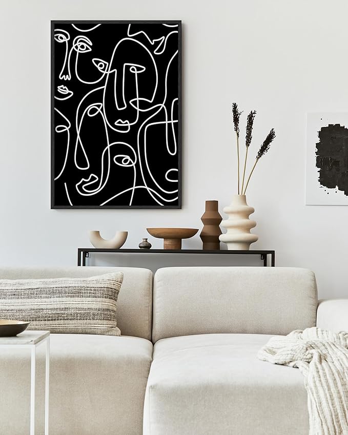 Abstract Face Pattern Wall Art Black Background White Continuous Line Drawing 24x36 Inch Oak Wood Black Framed Modern Diverse Portrait for Living Room Decor