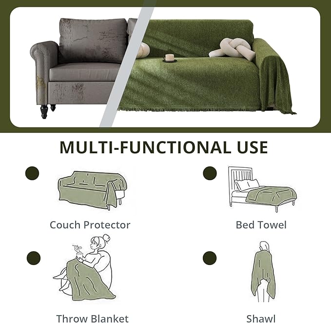 Couch Cover for Dogs, Non Slip Sofa Cover, Washable Couch Covers, 2 Cushion Sofa for Dogs Furniture Protector with Tassels Chenille Sofa Covers for Pets (Tassel Green, 71" x 102")