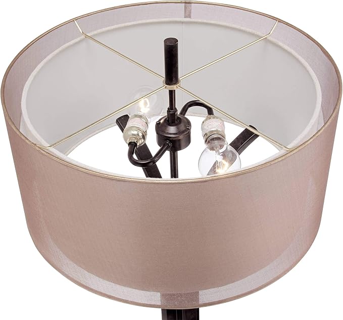 Franklin Iron Works Tristan Modern Standing Floor Lamp 64" Tall Bronze Metal Sheer Brown Textured Linen Fabric Double Drum Shades Decor for Living Room Reading House Bedroom Home