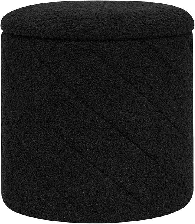 Round Ottoman with Storage, Boucle Foot Rest Stool with Reversible Tray Lid, Folding Teddy Ottoman Coffee Table for Dorm Living Room Bedroom Entryway, Black,13" x 13" x 13.8"