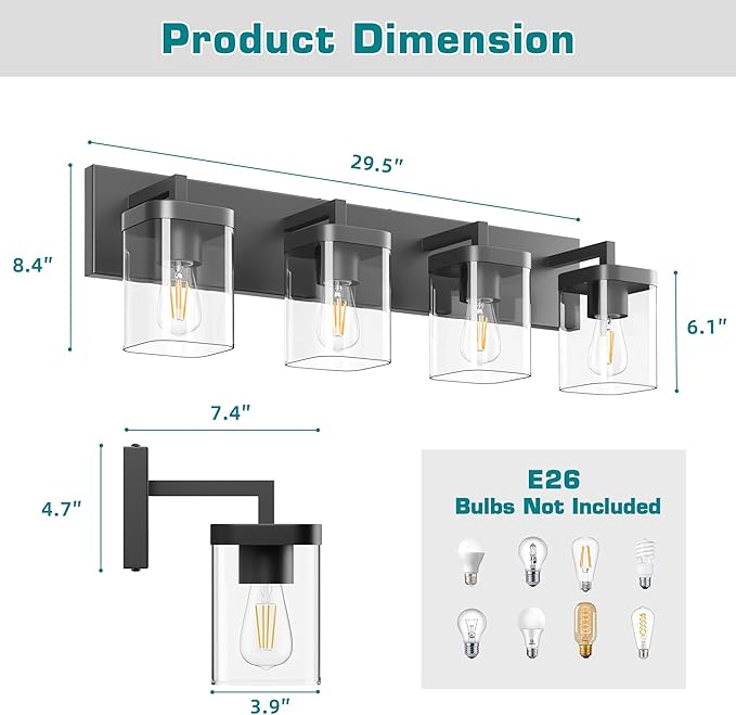 Bathroom Vanity Light, Square Design 4 Lights Morden Bathroom Lighting Fixtures Over Mirror, Black Bathroom Light Vanity Fixtures for Bathroom/Living Room/Bedroom