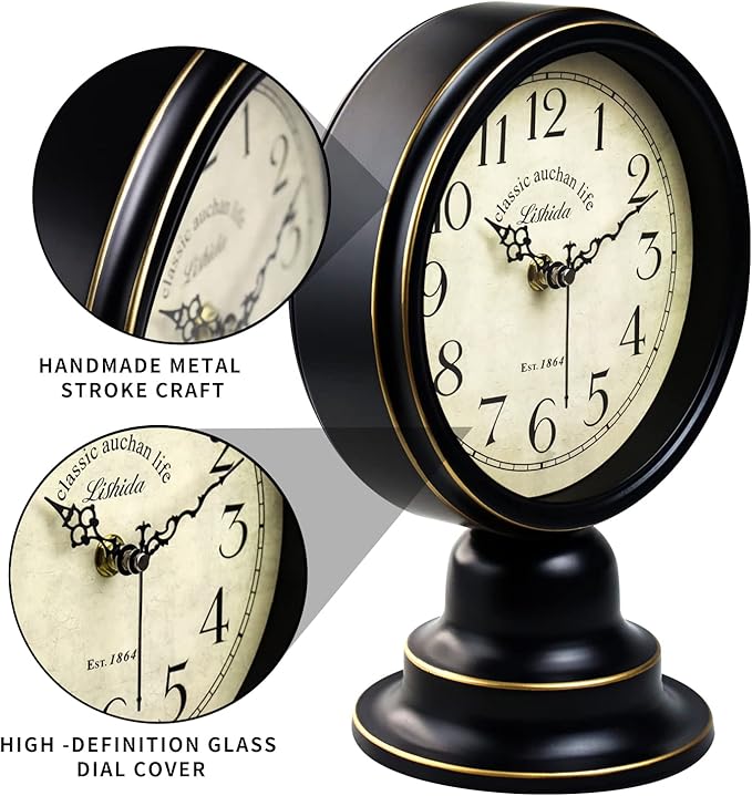 Mid Century Modern Desk Clock - Vintage Tabletop Metal Clock for Bedroom, Kitchen, Office, Living Room - Silent Decor - Battery Operated - Black
