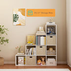 Ladder Cube Storage Bookcase - Wooden L-Shaped 4-Tier Corner Shelf, Reversible 10-Cube Organizer for Home & Office, White
