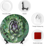 Ceramic Display Plate, Artichoke Ceramic Hanging Decorative Plate, Blooming Vegetable Agriculture Nature Artwork Print, 10 Inch, Living Room Kitchen Decoration Household, Fern Green and Purple
