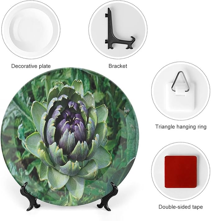 Ceramic Display Plate, Artichoke Ceramic Hanging Decorative Plate, Blooming Vegetable Agriculture Nature Artwork Print, 6 Inch, Household Custom Ceramic Plate, Fern Green and Purple