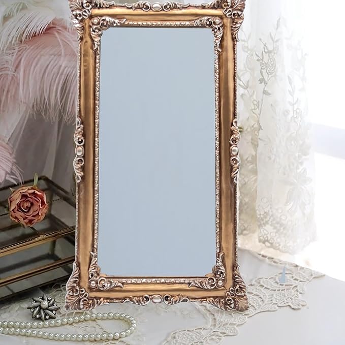 Vintage Mirror 8x14 Inch, Antique Ornate Decorative Mirror for Desk & Wall, Small Vanity Mirror for Makeup Wall Decor, Bronze
