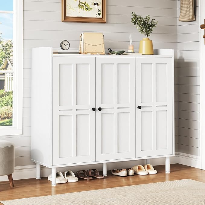 ONBRILL Shoe Cabinet with 3 Doors and Adjustable Shelves, 30 Pairs Shoe Storage Cabinet, 40 Inch Tall Farmhouse Shoe Rack Shoe Organizer Cabinet for Entryway Living Room Closet, White