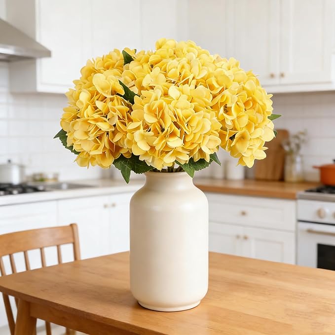 Kimura's Cabin 6pcs Yellow Fake Flowers Faux Hydrangea Flower Artificial Silk Hydrangeas Bouquets with Stems for Home Wedding Baby Shower Birthday Party Festive Decoration (Yellow)