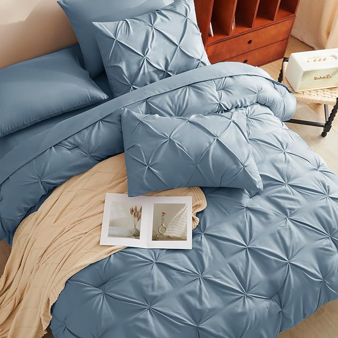 CozyLux California King Comforter Set Mineral Blue, 7 Pieces Cal King Pintuck Bed in A Bag, Pinch Pleat Bedding Sets with All Season Comforter, Flat Sheet, Fitted Sheet, Pillowcases & Shams