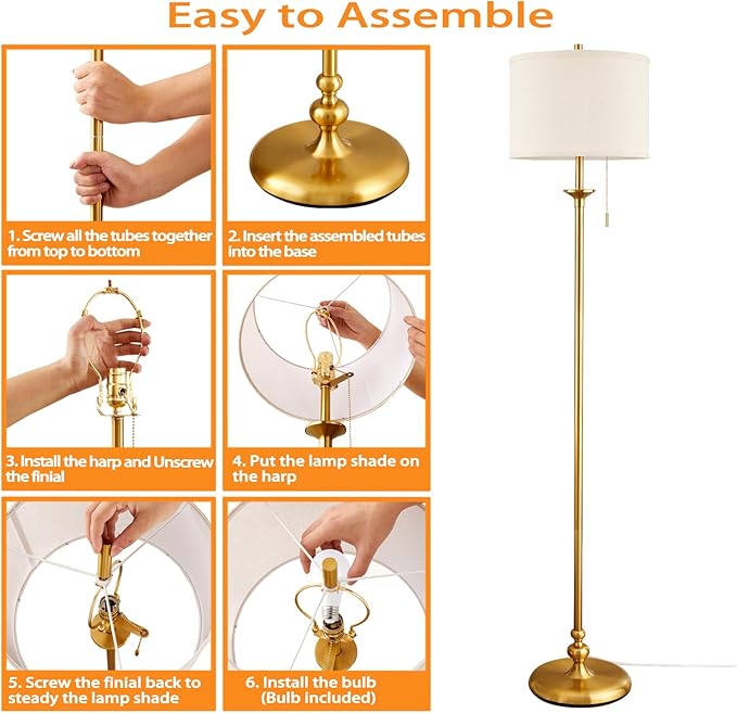 60" Gold Floor Lamp, Standing Lamp for Living Room, Bedroom, Office & Dining Room - Tall Corner Floor Lamps with Pull Chain Switch, Soft Lighting Farmhouse Design - Modern Floor Lamp (Bulb Included)