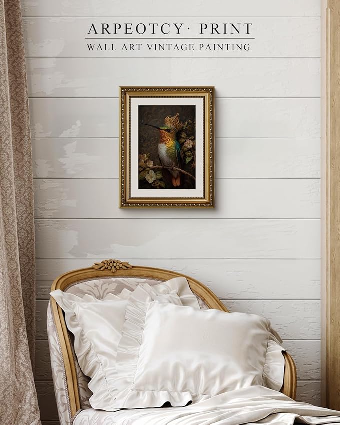 ARPEOTCY Royal Hummingbird Wall Art, Framed Jewel‑Tone Bird Painting Print, Ornate Gold Frame, 11×14 Inch Elegant Nature Décor for Living Room, Bedroom or Entryway