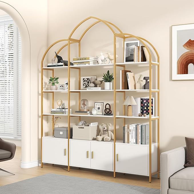 Semoic Arched Bookshelves and Bookcases: Triple Wide 5-Tier Large Open Bookshelf, Etagere Bookcase with Display Shelf for Home Office, White and Gold