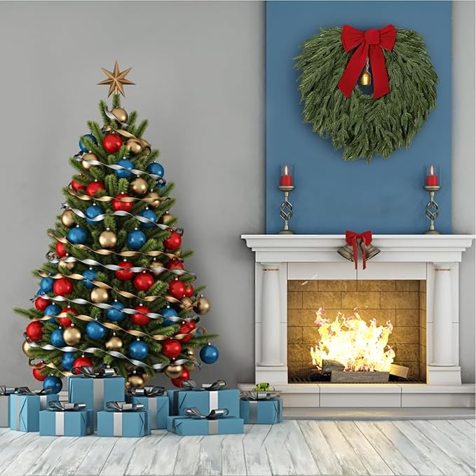 24" Norfolk Pine Wreath, Artificial Christmas Wreaths, Real Touch Green Winter Garland for Front Door Wall Indoor Outdoor Christmas Holiday Decor, with Bow & Bell, FF12