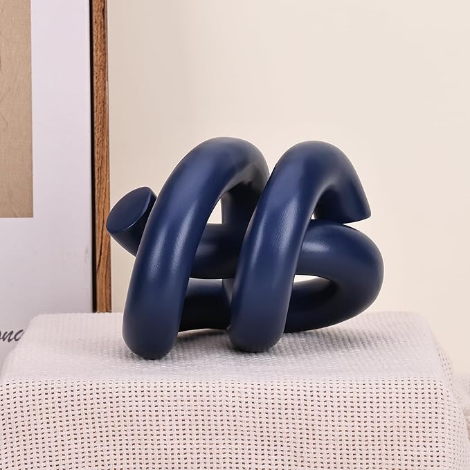 Funky Abstract Blue Knot Knick Knacks - Navy Blue Accent Decor for Coffee Table & Tv Stand, Modern Geometric Sculpture Scandinavian Minimalist Home Statue Decorative Objects Entryway Bookcase Book
