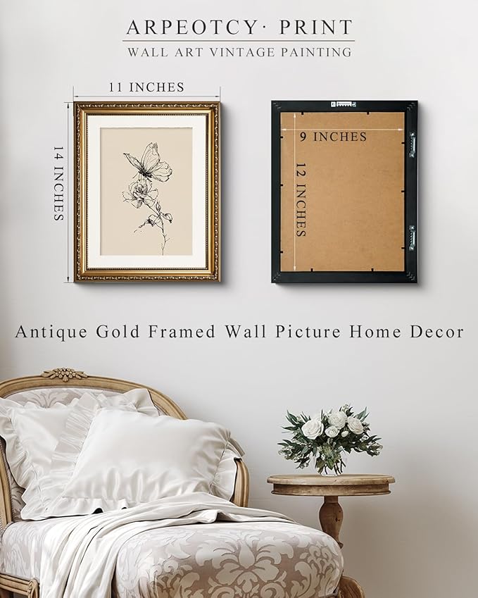 ARPEOTCY 11x14 Inch Framed Butterfly and Flower Line Art Wall Deco, Vintage Botanical Sketch Canvas Print with Gold Frame, Minimalist Black and White Wall Art for Bedroom Living Room Offic