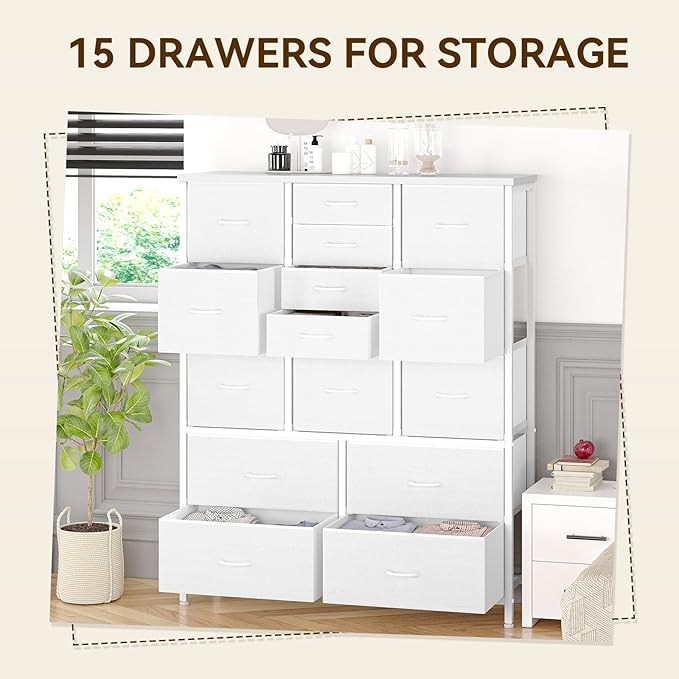 GarveeHome 15 Drawers Dressers, Chest of Drawers with Wood Tabletop, Metal Frame, Storage Organizer Unit with Fabric, Tall Dressers for Bedroom Living Room Hallway Entryway, White