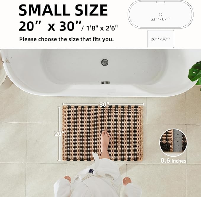 Waffle Bath Mat, Boho Bathroom Rugs Non Slip Washable Super Absorbent Quick Dry Bath Mat Farmhouse Bathroom Decor, 30"x20" Black and Khaki