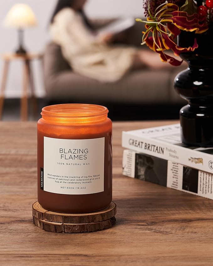 M&SENSE Blazing Flames Winter Scented Candles, Soy Wax 19.4oz 110 Hours Long Lasting Clean Burn, Warm Woods Aromatherapy Candles for Relaxation Large Candle Birthday Holiday Gifts for Men Women
