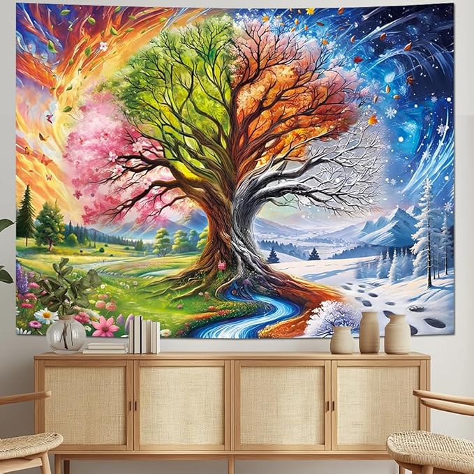 Dermijer Colorful Tree of Life Tapestry Four Seasons Trees Tapestrie Spring Flower Green Summer Autumn Leaves Winter Snowflake Magical Natural Landscape Wall Hanging for Home Decor L78.7×W59.1