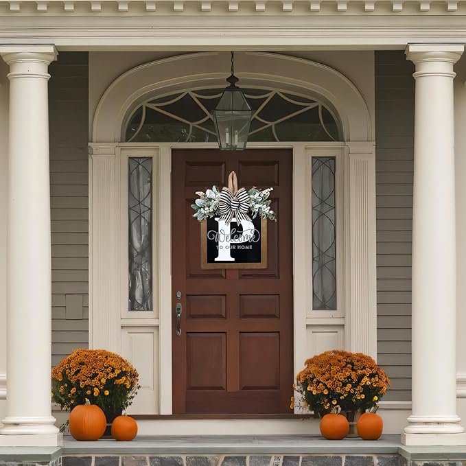 Ultra Large 14'' Last Name All Year Round Front Door Wreath with 26 Initial Letter Welcome Sign All Seasons Eucalyptus Garland and Bow Wreaths for Front Door Porch Farmhouse Decoration (P)
