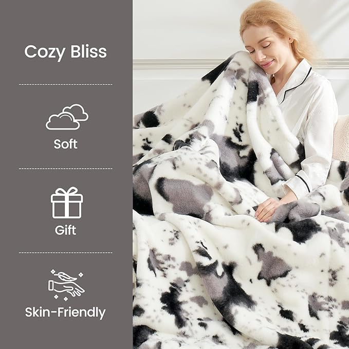 Cozy Bliss Cow Print Faux Fur Throw Blanket, Animal Printed Blankets Super Soft Warm Thick Fluffy Throws Home Decor for Couch Bed Sofa Women (Black&Grey Cow, 60x80 Inches)