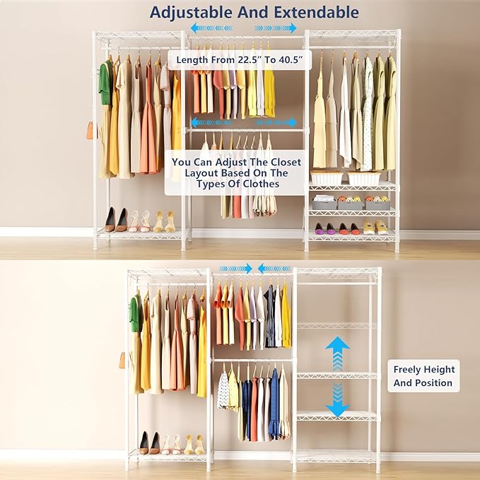 Clothes Rack, Heavy Duty Clothes Rack, Large Wire Closet Garment Rack, Freestanding Expandable Metal Clothing Rack with 4 Hanging Rods, 6 Shelves, and 4 Hangers for Hanging Clothes, White
