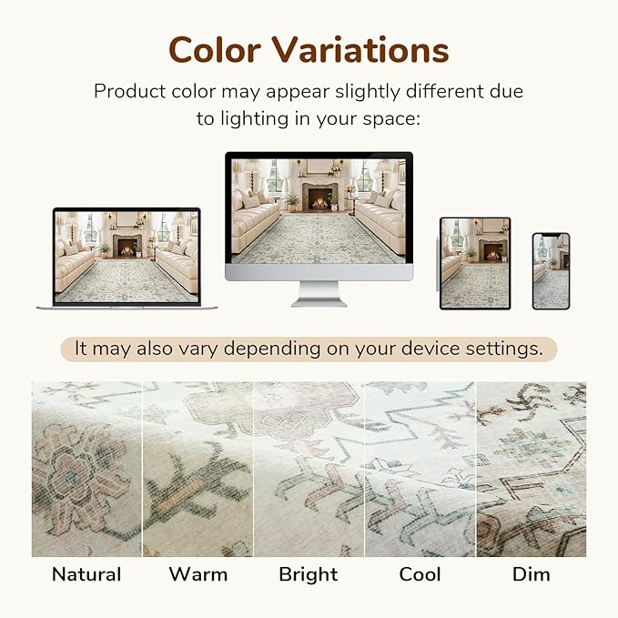 Lessymo Washable Rugs for Living Room, 9x12 Large Area Rug for Bedroom Dining Home Office, Soft Non-Slip Vintage Stain Resistance Oushak Carpet, Boho Neutral Farmhouse Decor, Beige Brown