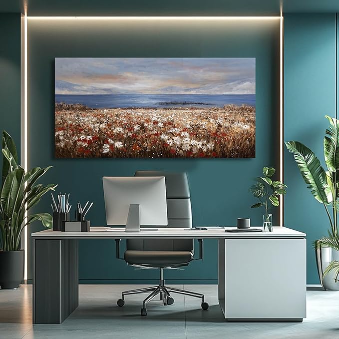 GAIDUOMAI Coastal Wall Art Wildflower Mountain Canvas Picture for Living Room Office Contemporary Art 24"x48" Neutral Wall Hanging Decor for Home