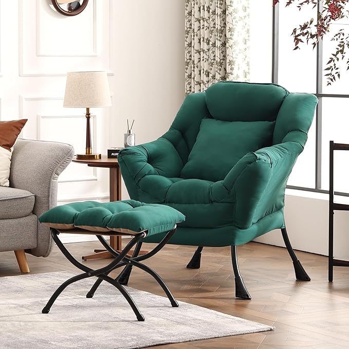 Lazy Chair with Ottoman, Large Lounge Accent Chair with Ottoman and a Throw Pillow, Dark Green Reading Chair for Living Room Bedroom Dorm Room Office Apartment Relaxing Use