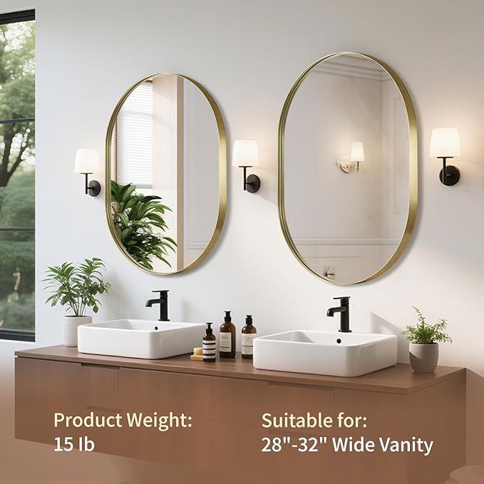 Gold Oval Mirror, 24"x32" Oval Bathroom Mirror, Brushed Gold Mirror with Aluminium Alloy Frame, Anti-Rust, Tempered Glass