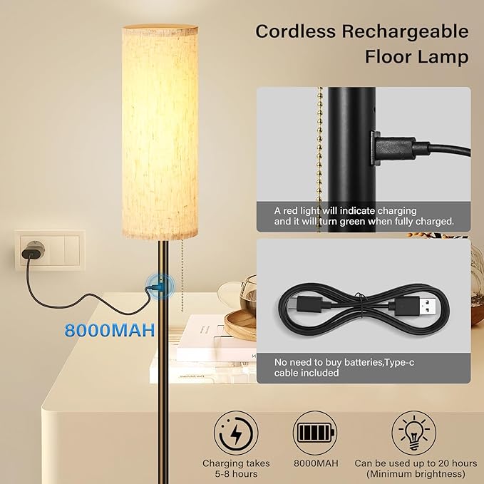 Cordless Floor Lamp for Living Room, with 3 Color Temperature and Pull Cord Switch, Farmhouse Floor lamp 8000mAh Battery Operated Portable Rechargeable Tall Modern Standing Light for Bedroom