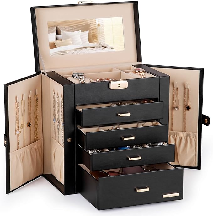 Homde Valentine's Day Gifts Synthetic Leather Huge Jewelry Box Mirrored Watch Organizer Necklace Ring Earring Storage Lockable Gift Case (Black + Gold)