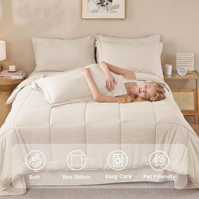 JOLLYVOGUE Queen Comforter Set, Ultra-Soft Bed in a Bag Queen Size 7 Pieces, Oeko-TEX Certified Bedding Set with Down Alternative Comforter, Sheets, Pillowcases & Shams, Beige