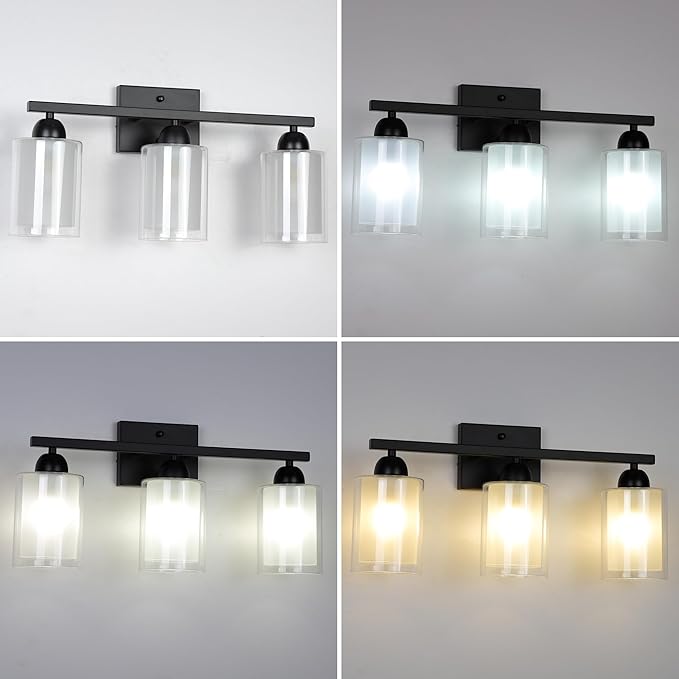 Matte Black Bathroom Vanity Light Over Mirror, 3 Light Bathroom Light Fixtures with Milk Glass and Clear Glass Shades, Modern Vanity Lighting Wall Mount