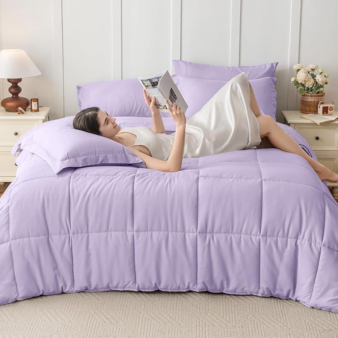JOLLYVOGUE Full Comforter Set, Ultra-Soft Bed in a Bag Full Size 7 Pieces, Oeko-TEX Certified Bedding Set with Down Alternative Comforter, Sheets, Pillowcases & Shams, Lavender