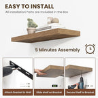 55 Inch Floating Shelves, 12 Inch Deep Floating Shelves for Wall, Floating Shelf with Invisible Brackets, Deep Shelves for Bathroom, Bedroom, Living Room, 1 Pack, Brown