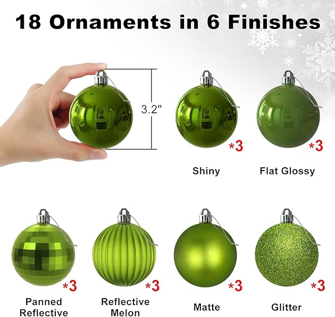 Lime Green 3.2" Large Christmas Balls - Christmas Tree Decoration Ornaments Shatterproof Hanging Balls for Birthday Halloween Holiday Wedding Decorations Set of 18pcs