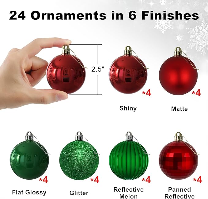 Red & Green 2.5" Christmas Balls Christmas Tree Decoration Ornaments Shatterproof Hanging Balls for Birthday Halloween Holiday Wedding Decorations Set of 24pcs