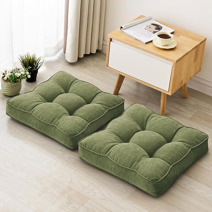 Floor Pillow Set of 2, Memory Foam Floor Cushions for Adults, Large Meditation Pillow for Sitting, 22 x 22 Inches (Square | Green)