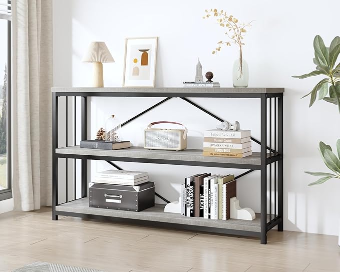 IBF 47" Gray 3 Tier Low Bookcase,Industrial Modern Short Horizontal Etagere Bookshelf, Simple Wide Open Rustic Metal and Wooden Book Shelf for Bedroom Living Room Home Office Storage, Light Grey Oak