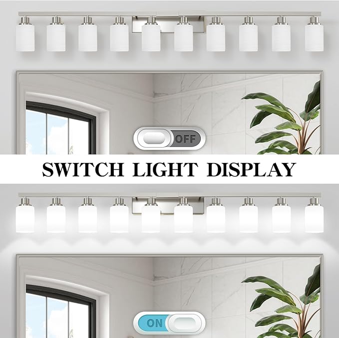 10-Light Bathroom Vanity Light Brushed Nickel,64.5in Vanity Lights with White Frosted Glass,Modern Bathroom Wall Lights Fixtures Over Mirror,Wall Sconces Lighting for Bedroom Living Room,E26