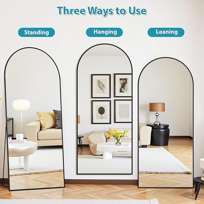 Full Length Mirror, 58"x21" Oversized Floor Mirror Freestanding, Full Body Mirror Floor Standing Mirrors with Stand, Hanging Mounted Mirrors for Bedroom Living Room, Black, Arched Style