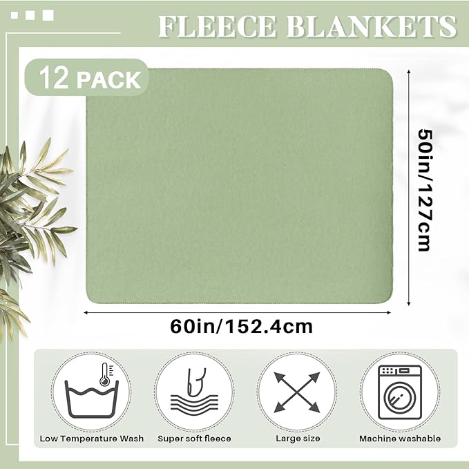 Newwiee 12 Pcs Fleece Throw Blankets Bulk 50'' x 60'' Oeko-tex Standard 100 Certified Spring Outdoor Wedding Guest Blankets Lightweight for Sleepover Donation Lap Pet Sofa Home (White/Green)