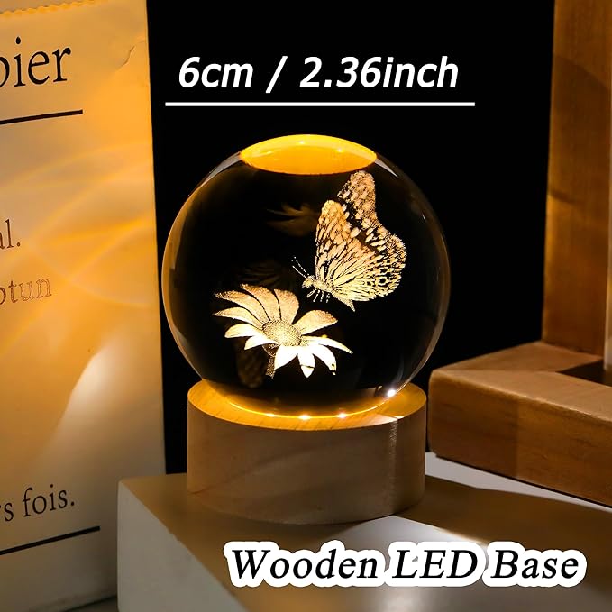 3D Butterfly Flower Crystal Ball with Wooden Light Base Glass Butterfly Figurine Gifts for Women Mom Butterfly Statue Home Decor on Mother's Day Birthday Valentine Christmas (Diameter 2.36 inches)
