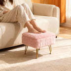 ACEQLYT® Small Foot Stool Ottoman with Storage, Foot Rest for Couch and Chair, Pink Faux Fur Storage Ottoman with Gold Metal Legs and Padded Seat